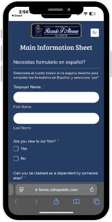 RFA Financial Center Main Information Sheet intake form shown on a phone, available in English and Spanish
